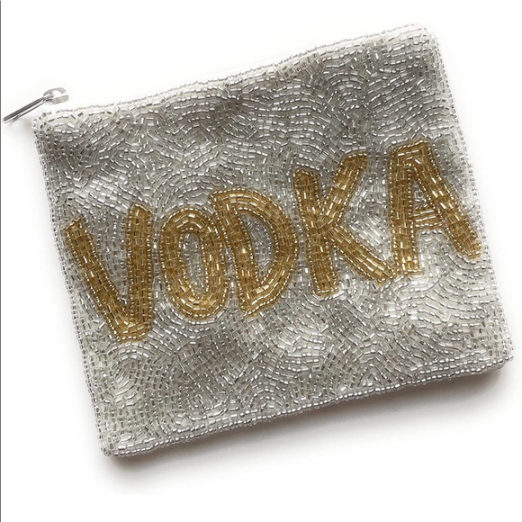 🍸NWT “VODKA” Hand Beaded Clutch Pouch Coin Purse Bag Silver & Gold Novelty - Picture 3 of 4